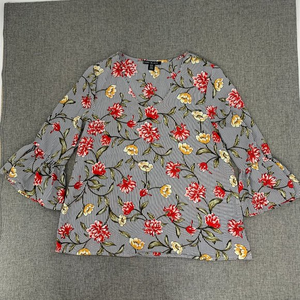 COMO BLACK Floral Blouse Medium Striped‎ Scoop Neck Bell 3/4th Sleeves